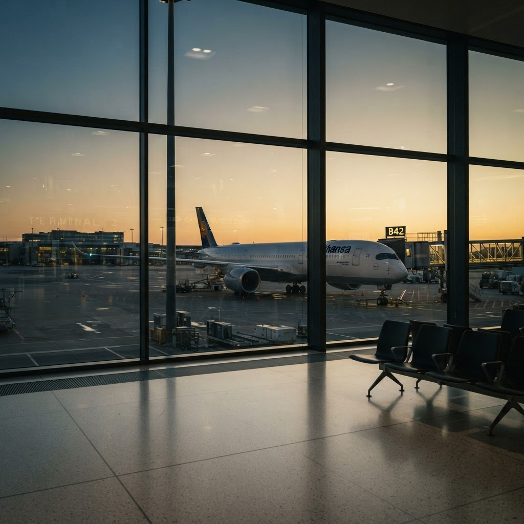 Terminal de aeroporto com avião visível pela janela durante o pôr do sol